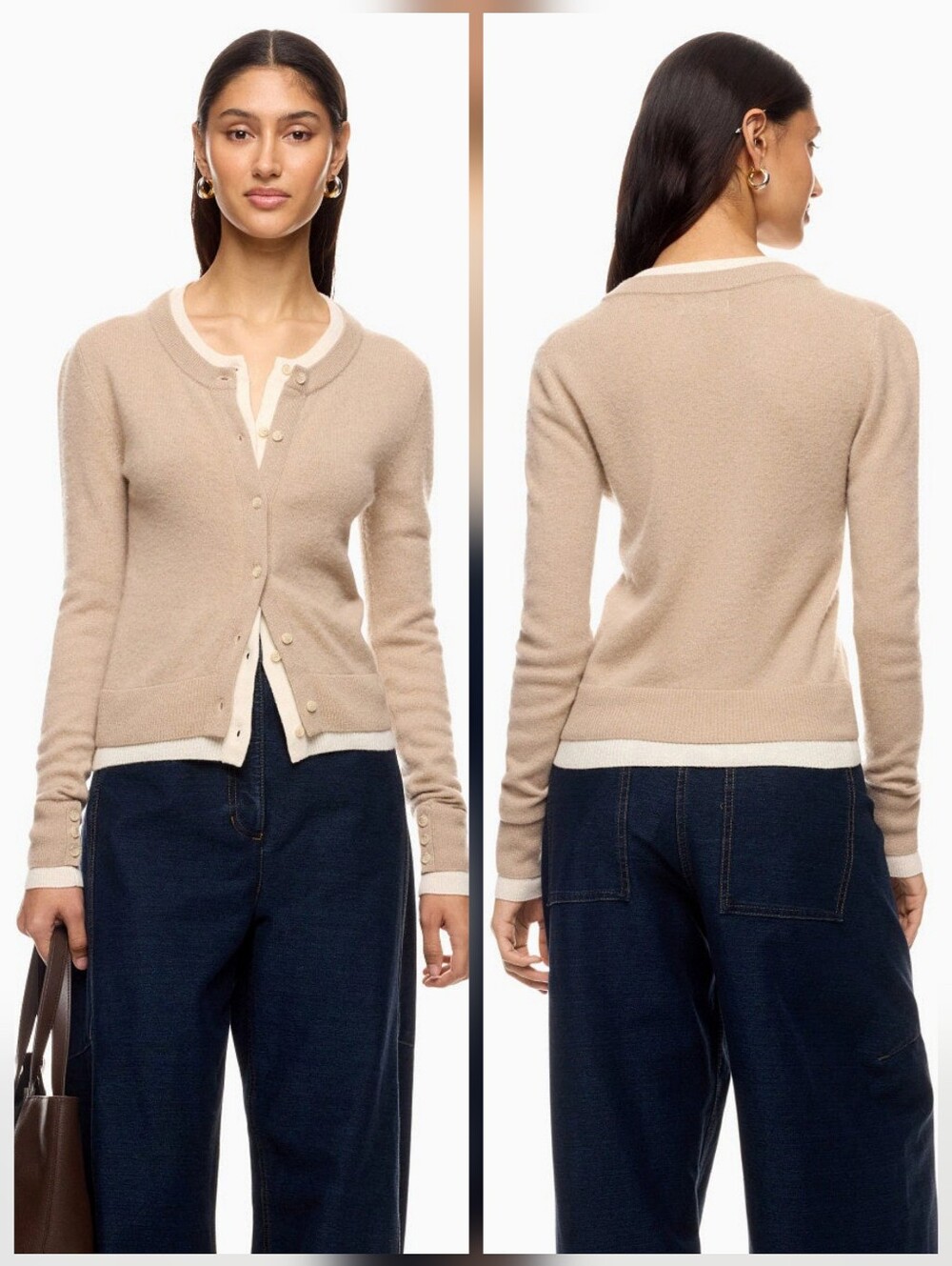 NAADAM Tan Cashmino Layered Cardigan Crew Neck Long Sleeve Front Button Size M